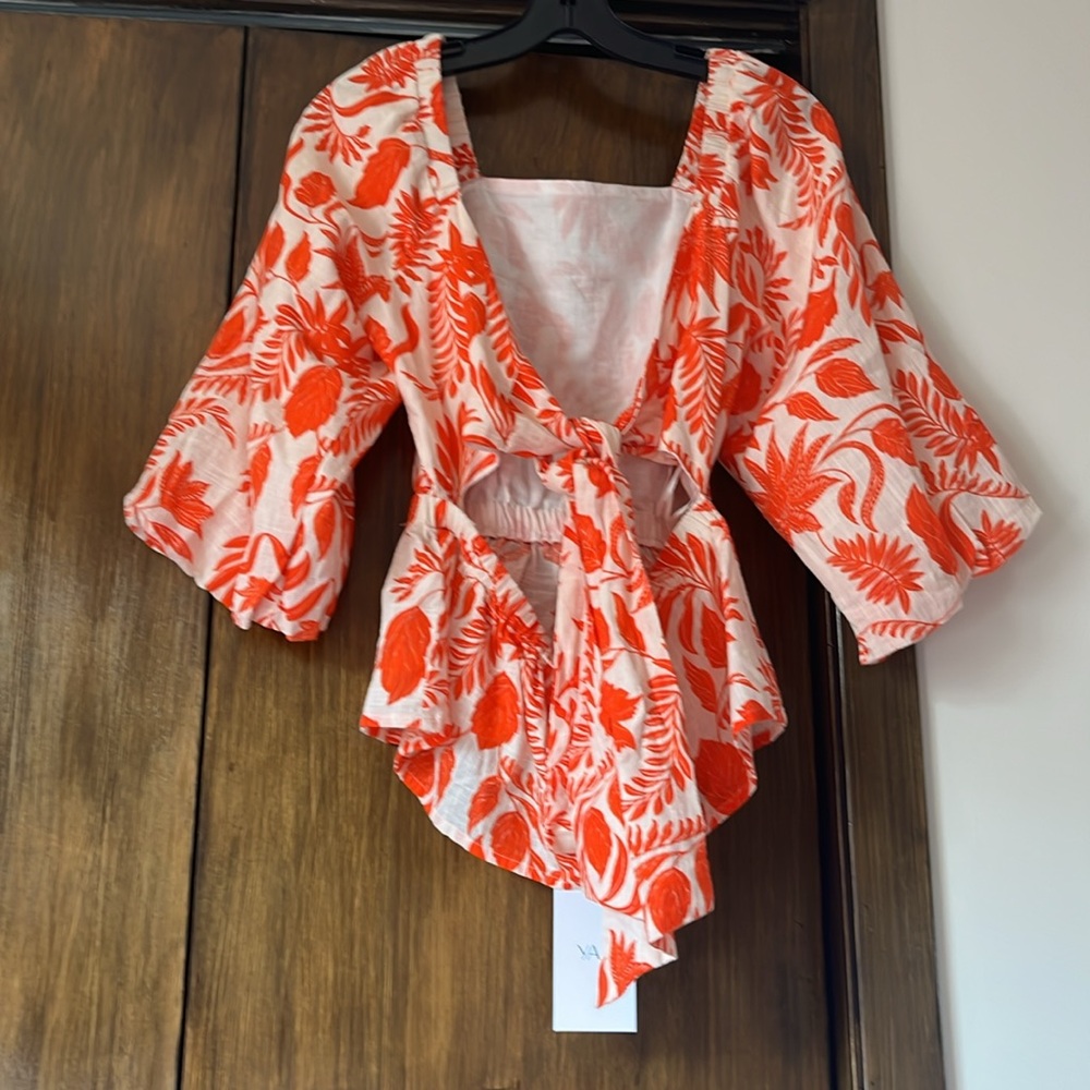 Yas Orange/Ivory Open Backed Tie Up Floral Blouse